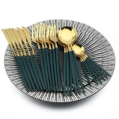 24-PIECE EMERALD & GOLD STAINLESS STEEL CUTLERY SET