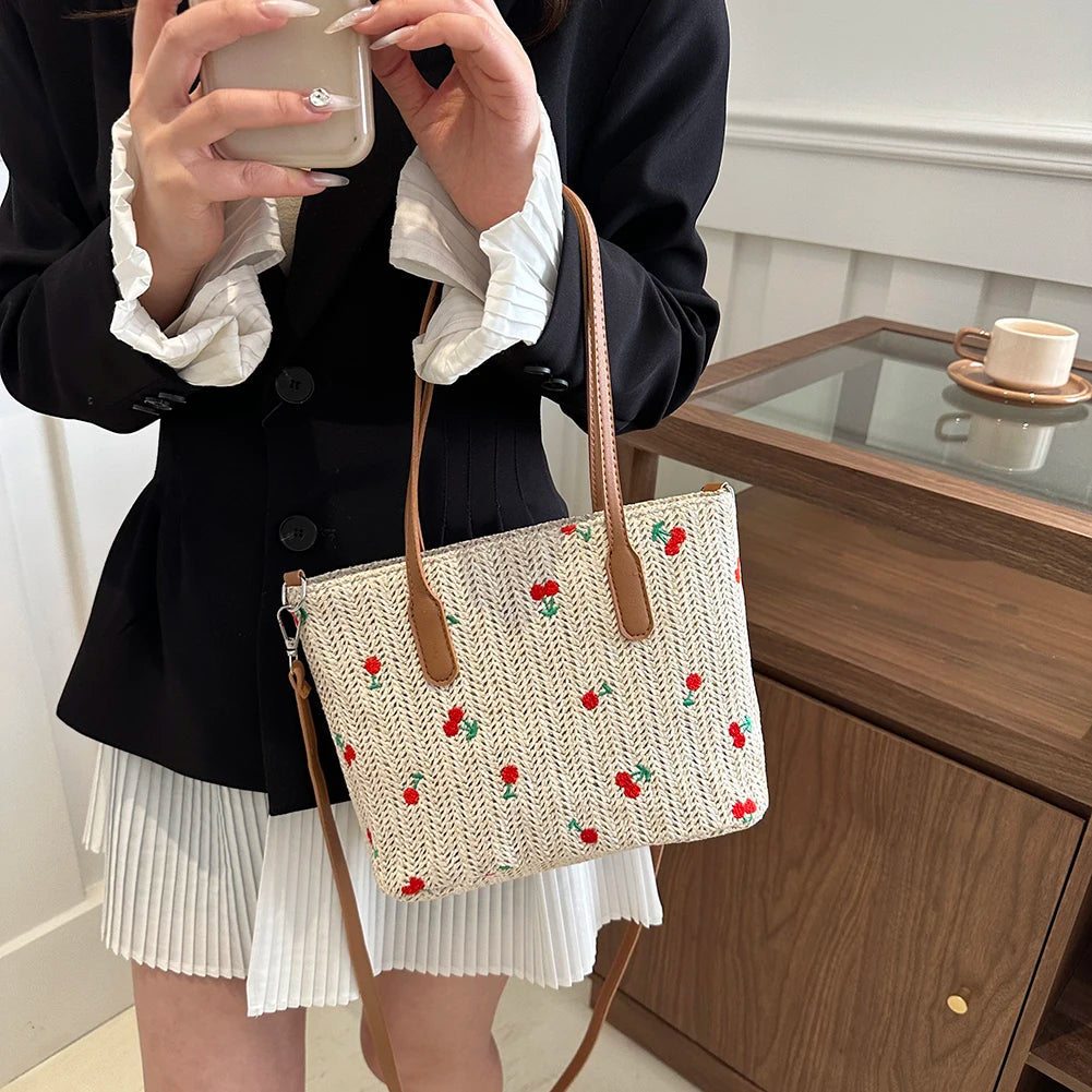 Cherry Raffia Tote